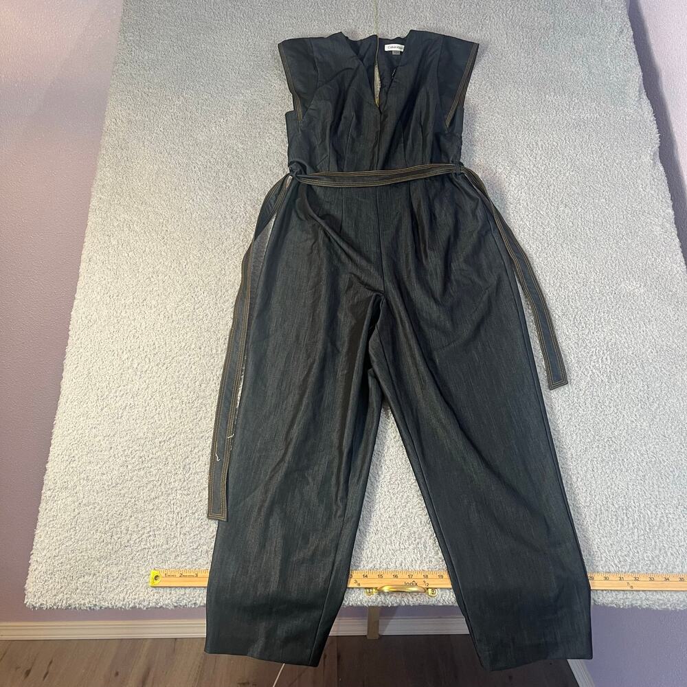 Calvin Klein dark wash denim jumpsuit with tie belt size 10 sleeveless rear zip